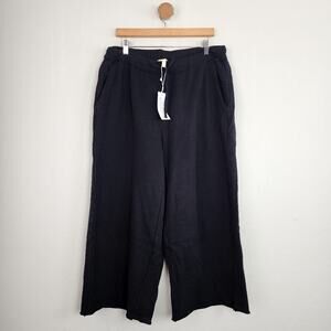 NEW Eileen Fisher Organic Cotton Black Drawstring Wide Leg Cropped Fleece Pant